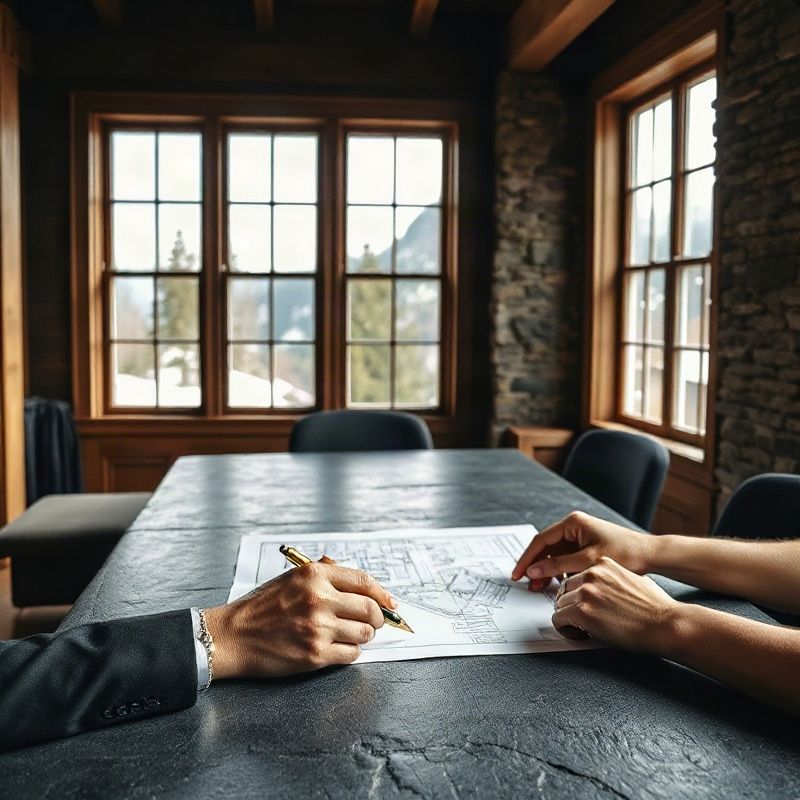 Advisors reviewing an architectural blueprint on a charcoal stone conference table