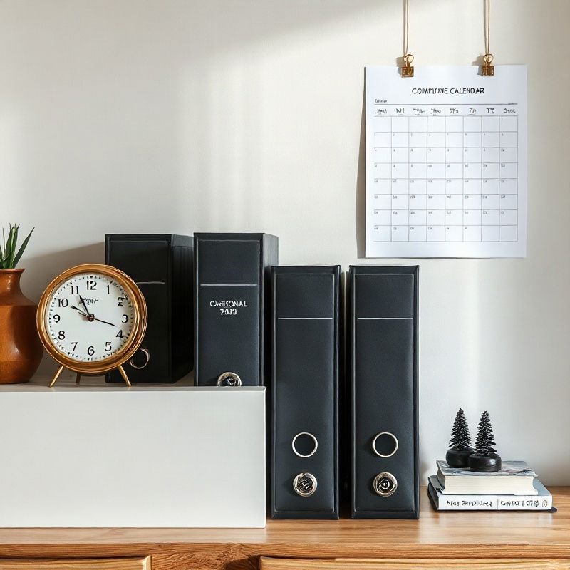 Charcoal-labelled filing folders with a gold clock and compliance calendar