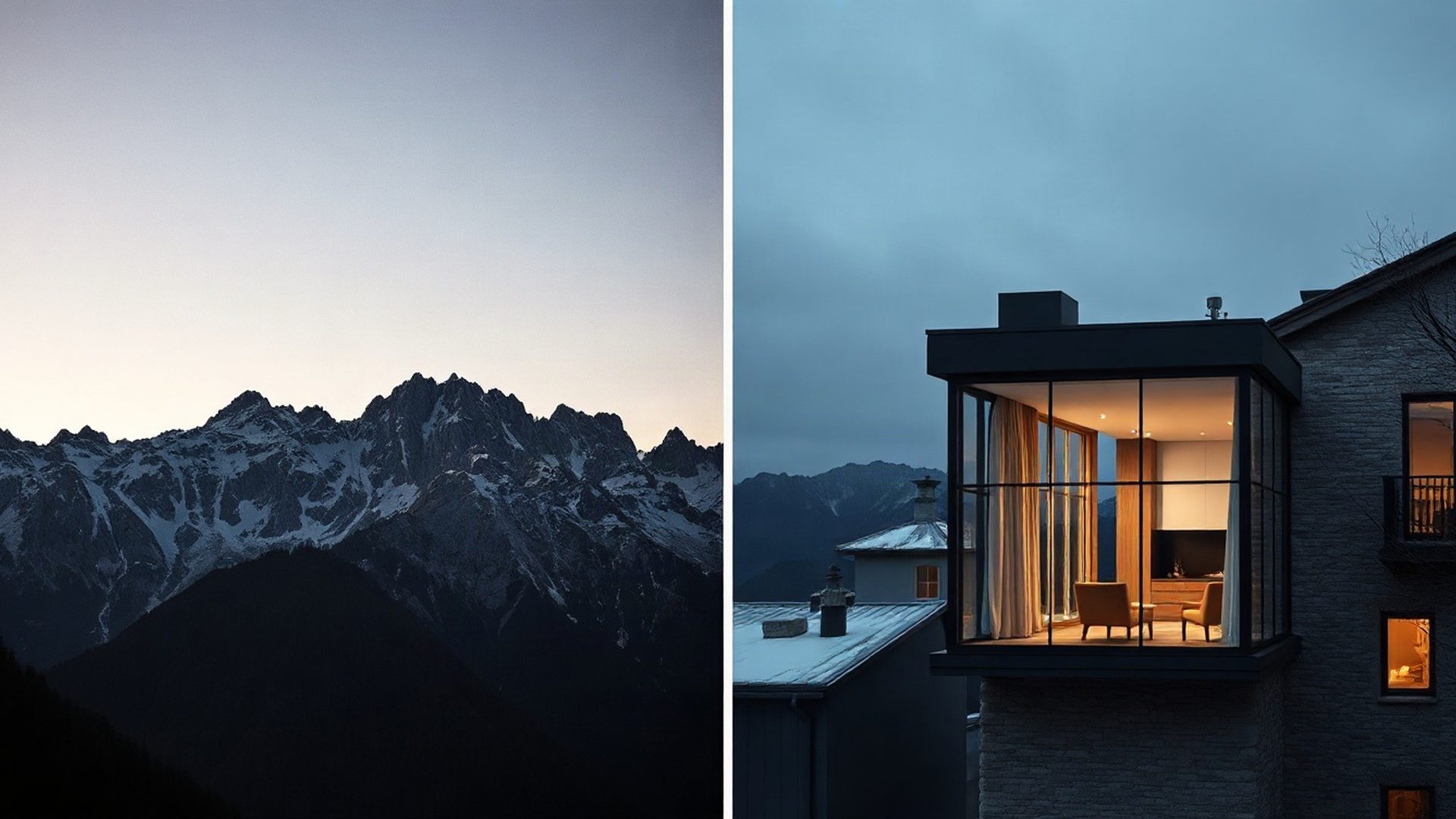Editorial-corporate composition of alpine ridgeline and gold-lit financial interior