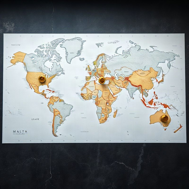 Overhead flat-lay of a world map with gold markers on key financial centres