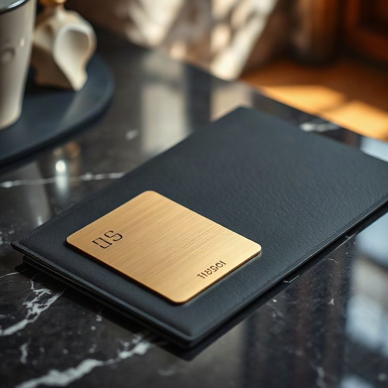 Brushed-gold card and black document folder on charcoal marble surface